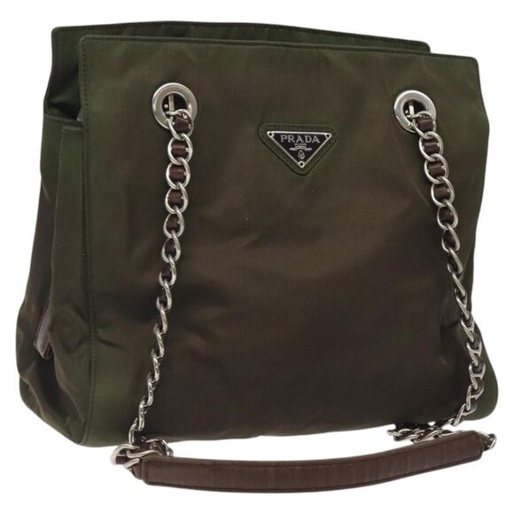 PRADA Chain Shoulder Bag Nylon Khaki Auth th6024
